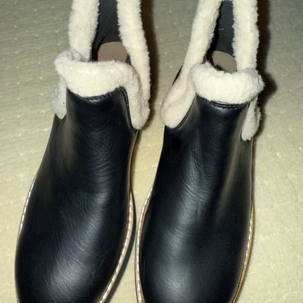 Yellow Box Black Ankle Boots with White Fuzzy Lining